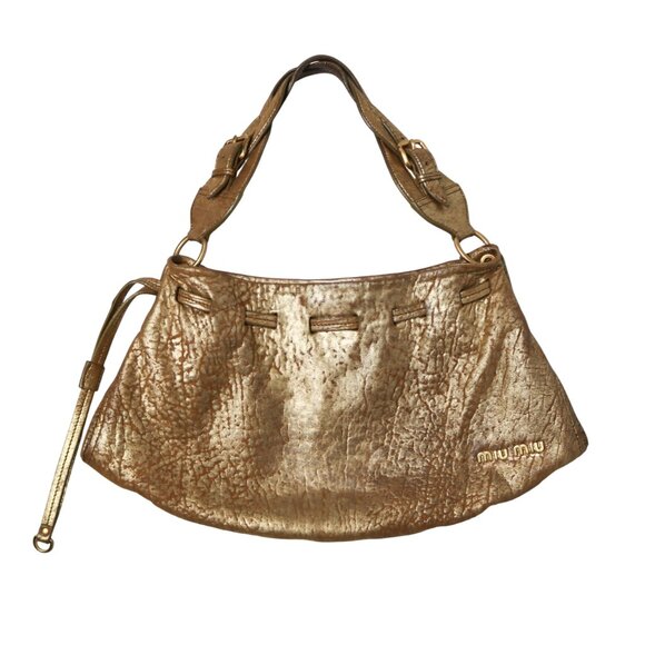 Miu Miu Gold Metallic Distressed Leather Hobo Bag - Picture 7 of 15